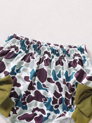 Baby bloomers with camo pattern and olive green bow detail