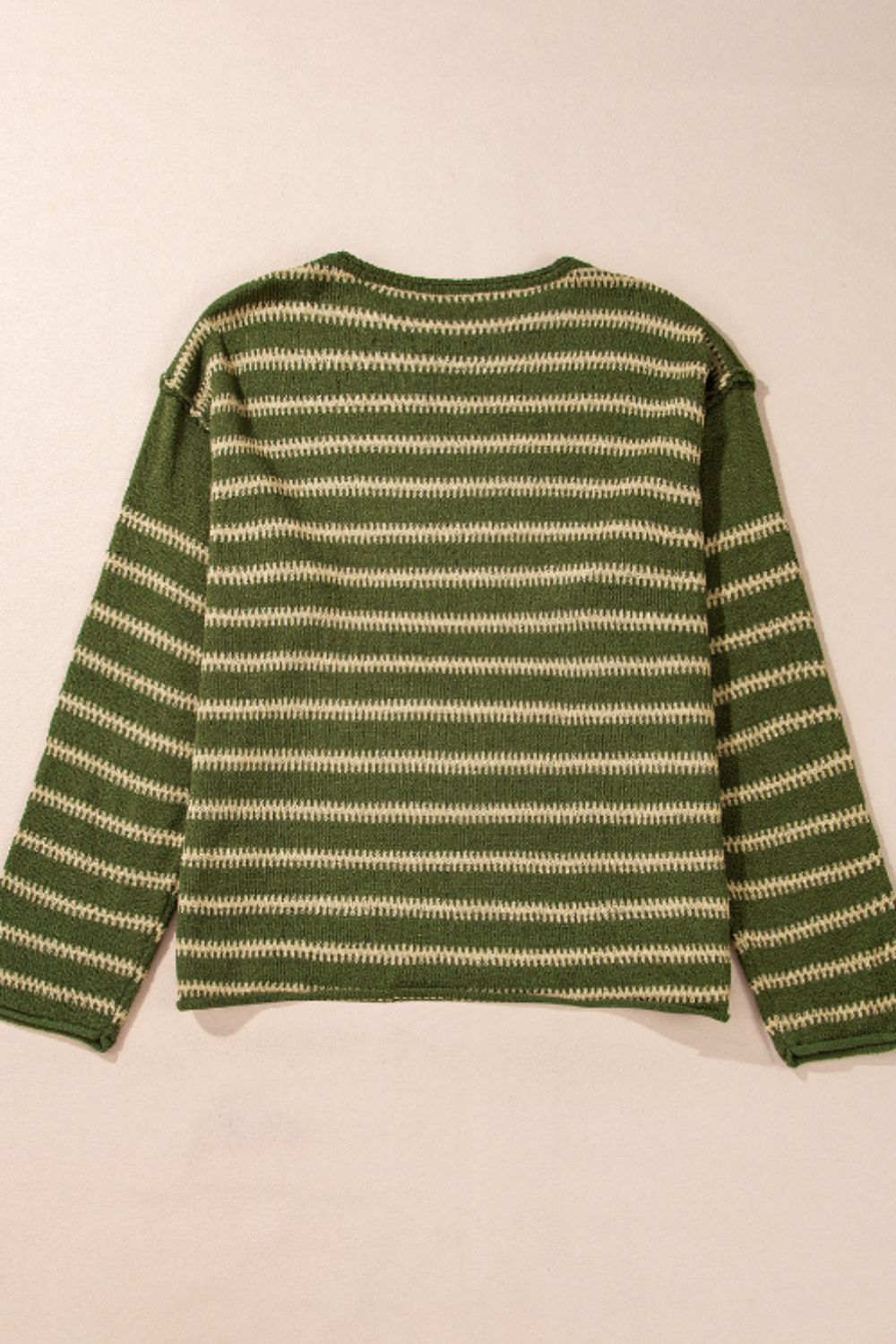 Moss green and cream striped relaxed fit knit sweater with crew neck and long sleeves.