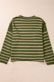 Moss green and cream striped relaxed fit knit sweater with crew neck and long sleeves.
