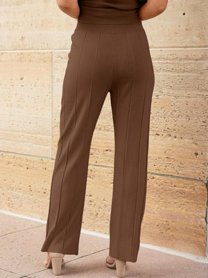 Brown seamed knit wide-leg pants with a high waist and acrylic material.