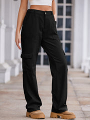 Black utility pocket wide-leg cargo pants with a casual, comfortable fit.