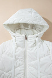 White glossy quilted hooded puffer jacket with a zipper and drawstring hood.
