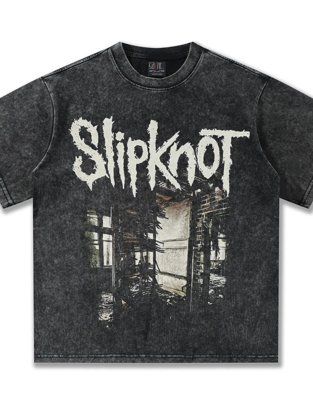Men's distressed dark gray crew neck t-shirt with Slipknot graphic print.