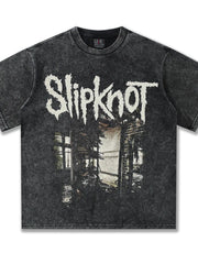 Men's distressed dark gray crew neck t-shirt with Slipknot graphic print.