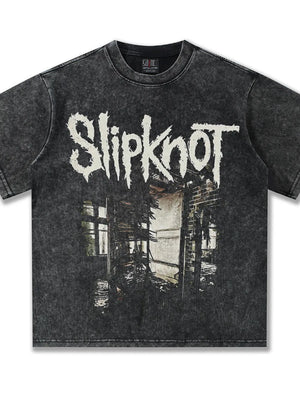 Men's distressed dark gray crew neck t-shirt with Slipknot graphic print.
