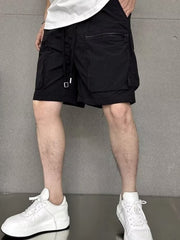 Men's black lightweight multi-pocket cargo shorts with adjustable drawstring and zippered pocket.