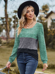 Square neck blouson top in green, gray, and black colorblock with long sleeves.