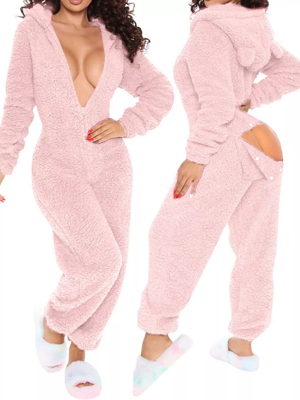 Pink fuzzy hooded romper with open back and button detail