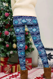 Festive Fair Isle leggings in cerulean blue with snowflake and reindeer pattern.