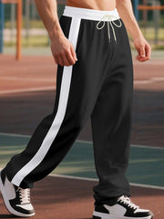 Men's black sweatpants with white side stripe and drawstring waist.