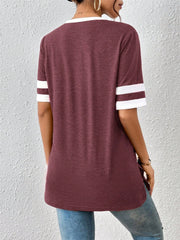Plum contrast trim varsity tee with white stripes on sleeves and neckline.