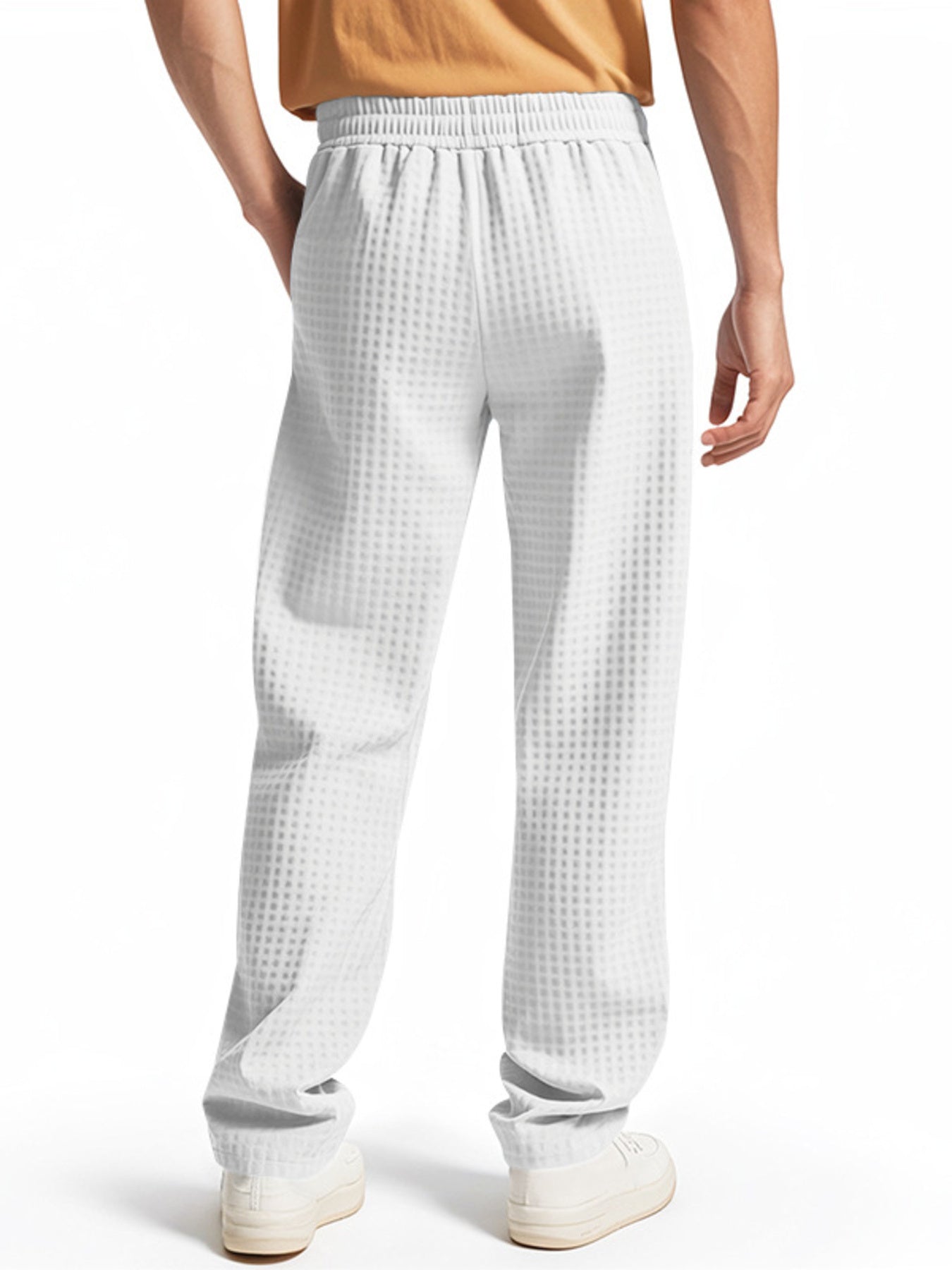 White textured drawstring sweatpants for men with a casual fit.
