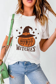 White cotton t-shirt with witch hat pumpkin graphic and "Howdy Witches" text.