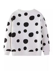 White cotton blend sweatshirt with black polka dots and a crew neck.