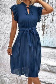 Deep Teal ruffled sleeve midi dress with tie neck and pleated skirt