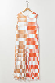 Colorblock stripe sleeveless jumpsuit with button detail and crew neck.