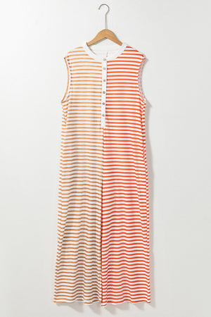 Colorblock stripe sleeveless jumpsuit with button detail and crew neck.