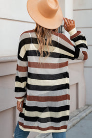 Multicolor open knit duster cardigan with horizontal stripes and a relaxed fit.