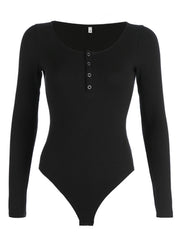 Black ribbed long sleeve Henley bodysuit with button detail