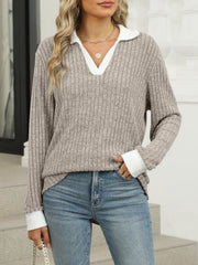Ribbed knit long sleeve t-shirt in Khaki with white collar and cuffs, V-neck.