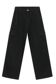 Black denim cargo pants with pleats and button-flap pockets.