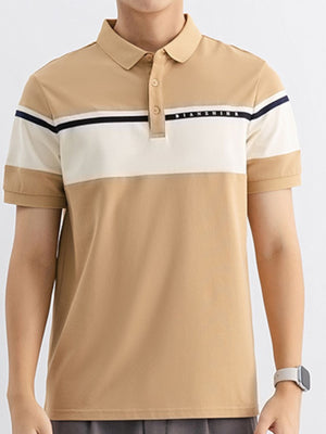 Men's tan cotton polo shirt with color block design and embroidered detail