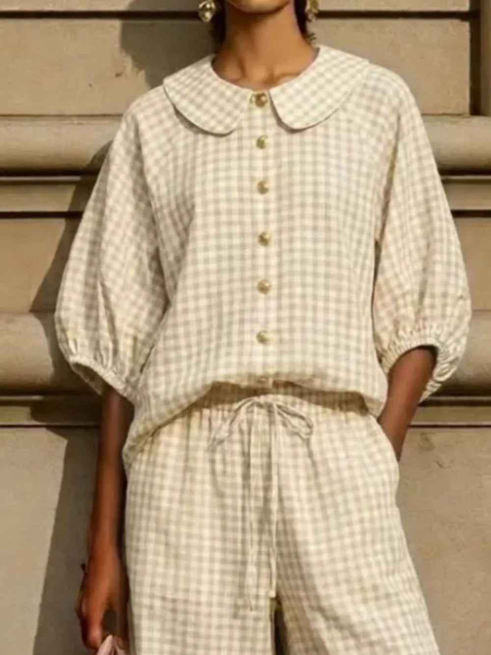 Full Size Plaid Button Up Shirt And Pants Set Plus Size, fabric detail