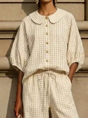 Full Size Plaid Button Up Shirt And Pants Set Plus Size, fabric detail