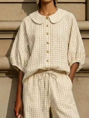 Full Size Plaid Button Up Shirt And Pants Set Plus Size, fabric detail