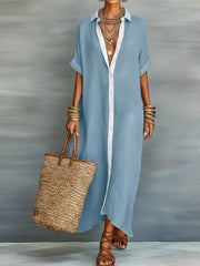 Short Sleeve Maxi Shirt Dress Plus Size in Khaki Color, close-up detail