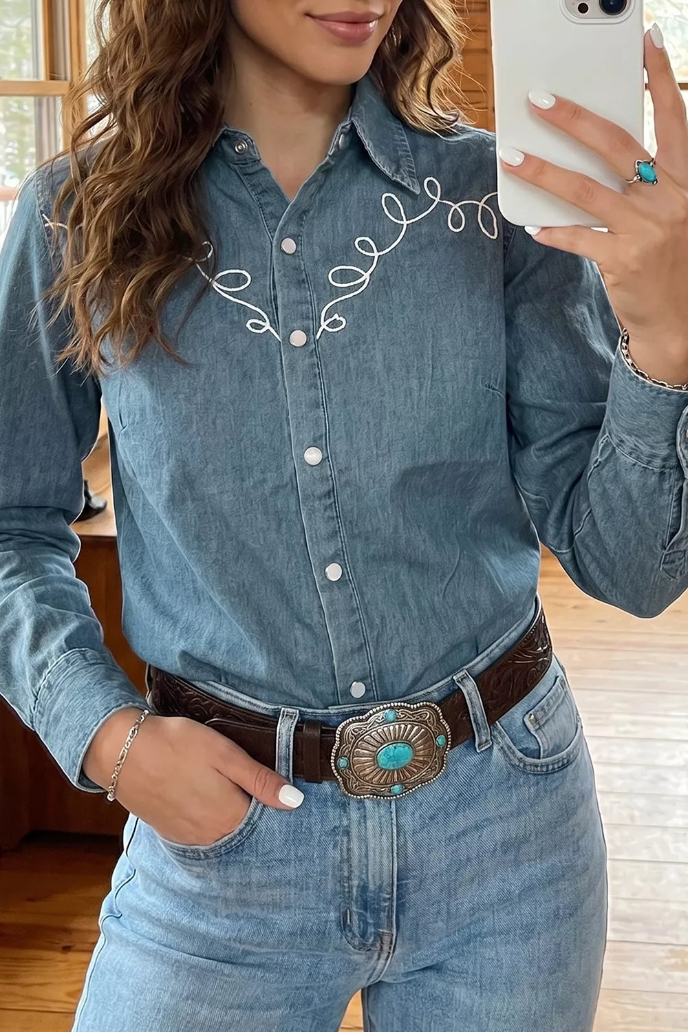 Embroidered Western Denim Top in Dusty Blue, front view