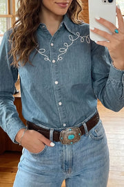 Embroidered Western Denim Top in Dusty Blue, front view