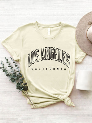 Cream graphic t-shirt with Los Angeles California text, 100% polyester, short sleeves