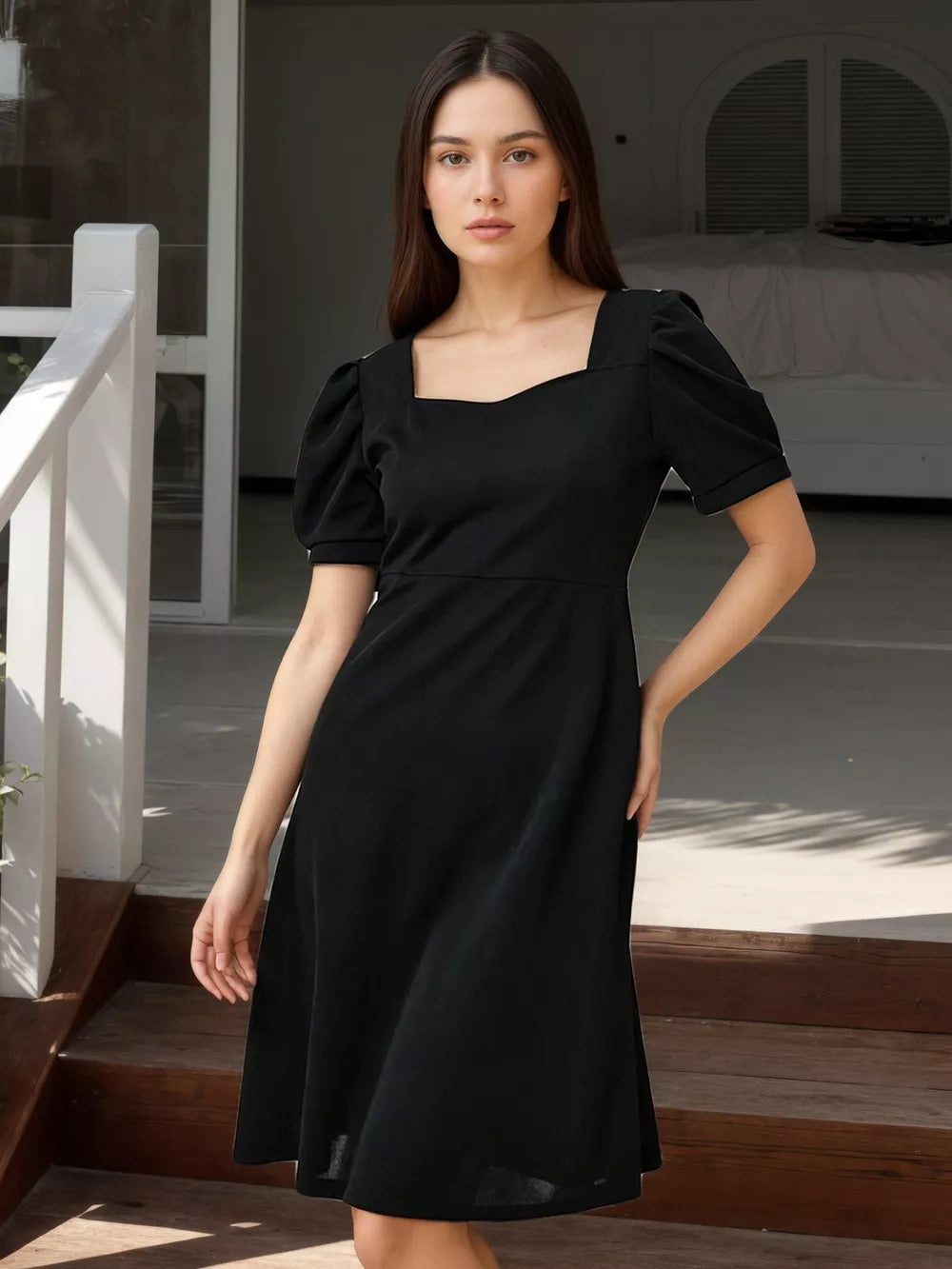 Puff Sleeve Bow Back Mini Dress, front view