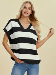 Bold Stripe Cap-Sleeve Knit Top in black and white with V-neck.