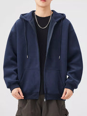 Navy blue casual zip-up hoodie with drawstring hood and front pockets.