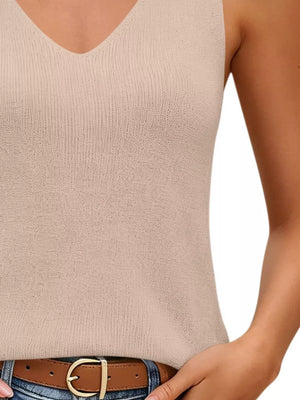 V-neck Ribbed Knit Tank Top in Navy, close-up detail
