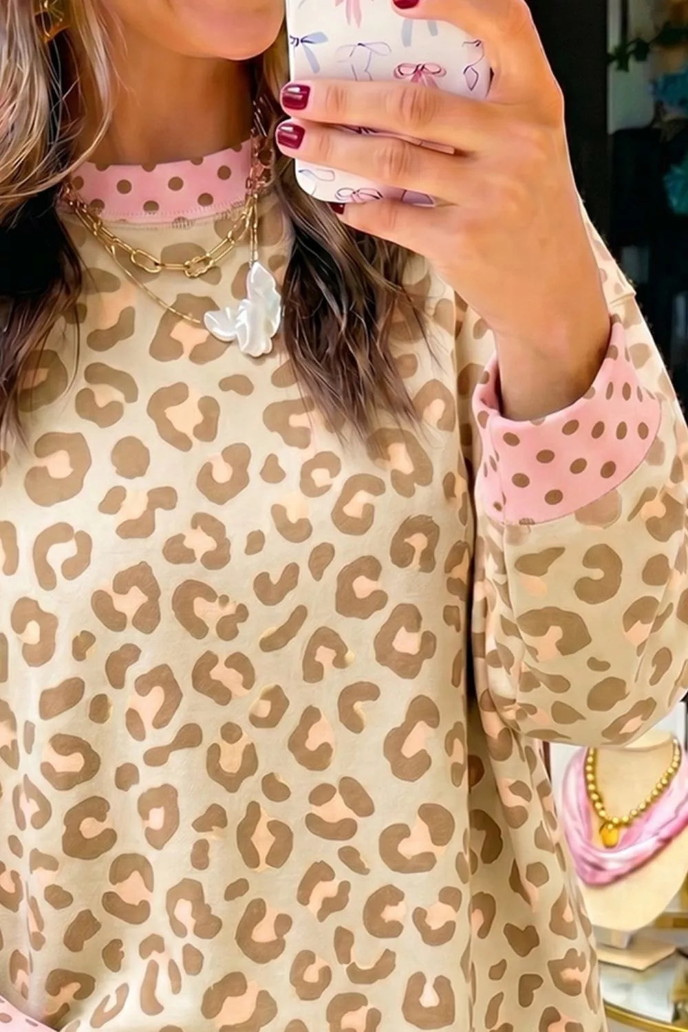 Leopard Print Sweatshirt With Polka Dot Accents in Tan, side view