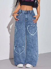Heart Applique Wide-leg Jeans
