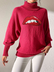Pink turtleneck sweater with sequin red lips graphic and balloon sleeves.