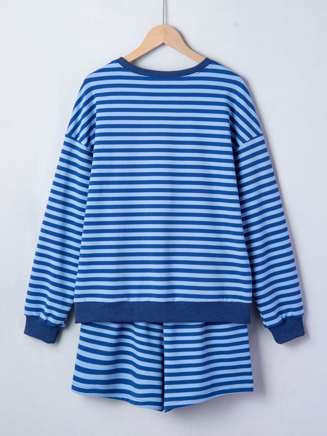 Blue striped cotton loungewear set with crew neck sweatshirt and shorts