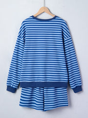 Blue striped cotton loungewear set with crew neck sweatshirt and shorts