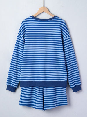 Blue striped cotton loungewear set with crew neck sweatshirt and shorts