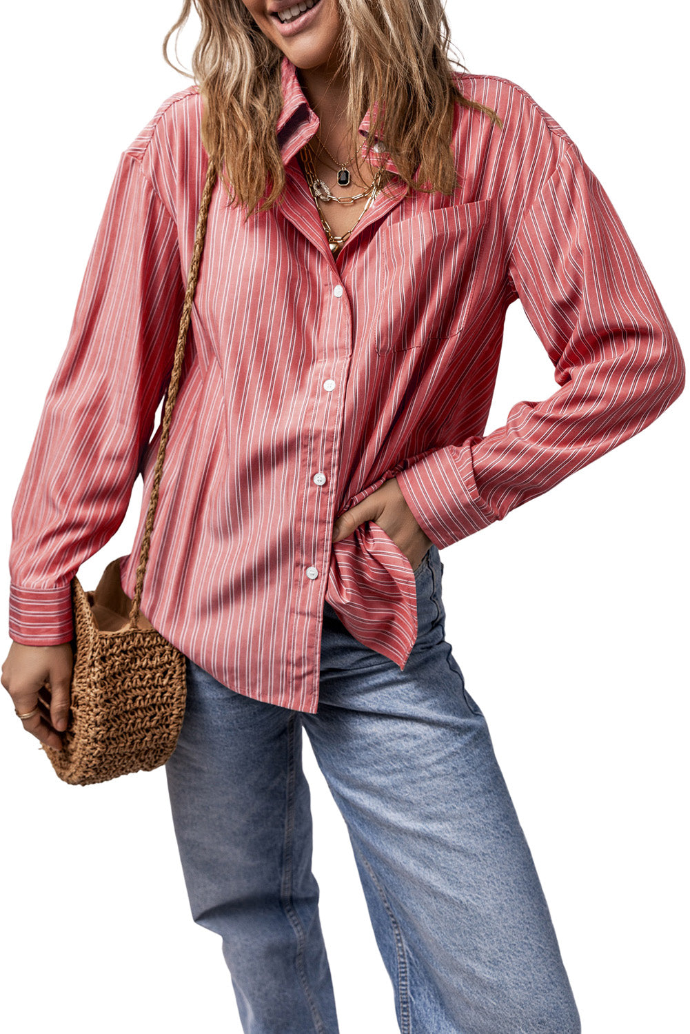 Oversized stripe oxford shirt in Burnt Coral with button front and chest pocket.