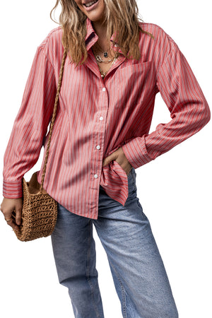 Oversized stripe oxford shirt in Burnt Coral with button front and chest pocket.