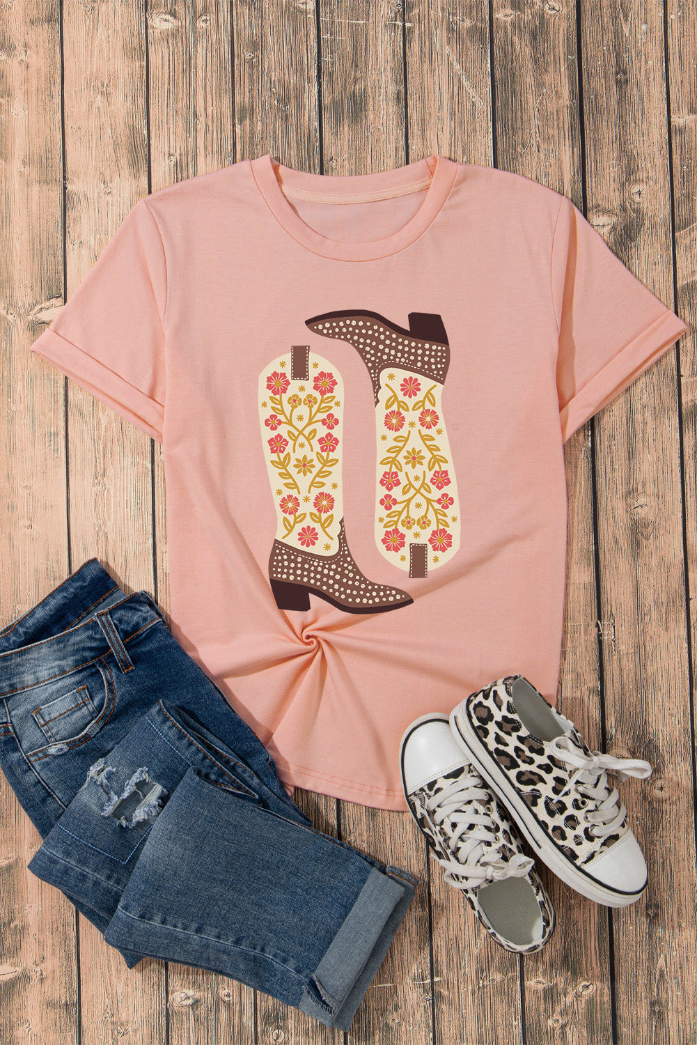 Western boot graphic tee in watermelon pink with floral boot design.
