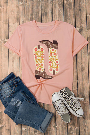 Western boot graphic tee in watermelon pink with floral boot design.