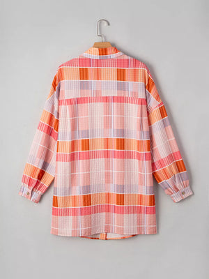 Oversized Check Tunic Shirt in Sherbet, close-up detail