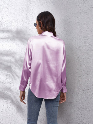 Lilac satin finish button-up shirt with a relaxed fit and button cuffs.