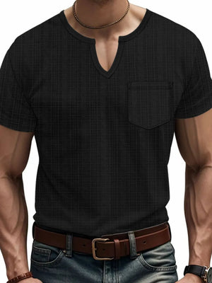 Black textured notch neck tee with chest pocket and short sleeves.